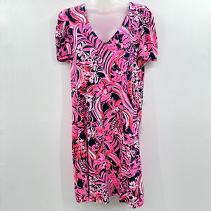 Lilly Pulitzer Aleece Pima Cotton Shift Dress Sz L Pink Blue Puff Sleeve Beachy